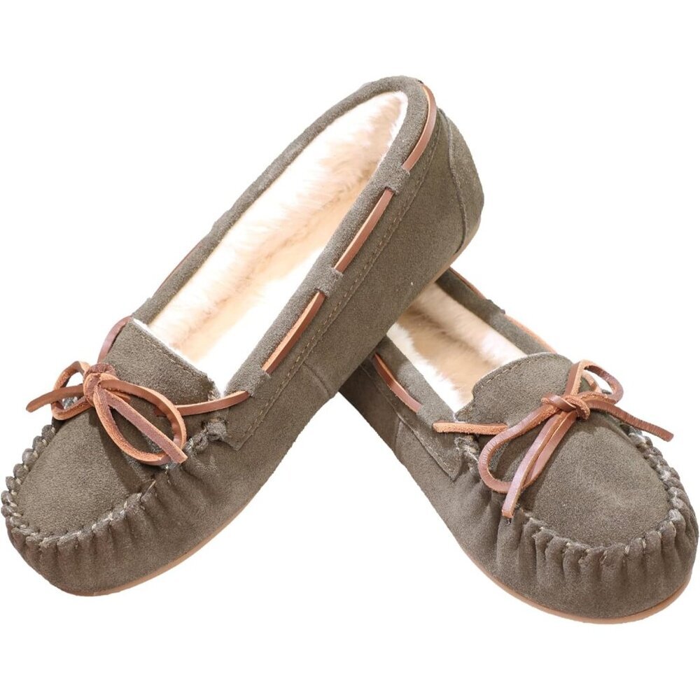 Women's Green Leather Faux Fur Pile Lined lace Up Cozy Bow Warm Slippers Shoes